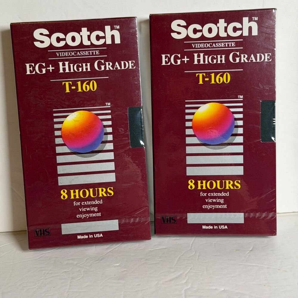 Vintage 1992 Scotch 3M EG+ T-160 VHS Blank Tapes 8 Hour Sealed NOS Lot of 2